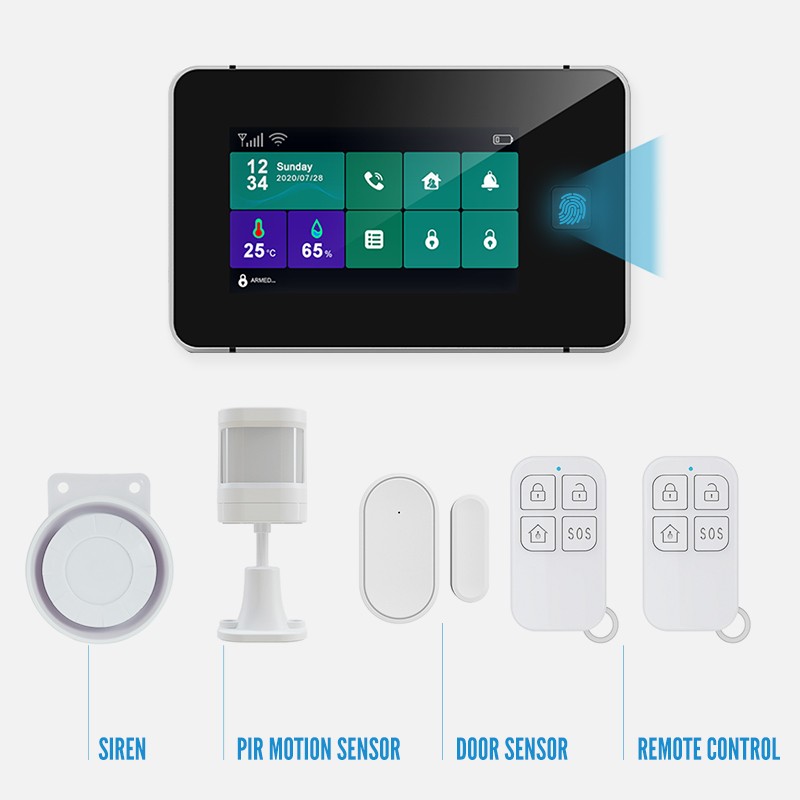 Smart Security Alarm System Intelligent Security Hub Suit Touch Screen Fingerprint Security Host With Motion Sensor Door Sensor Supports 4G network
